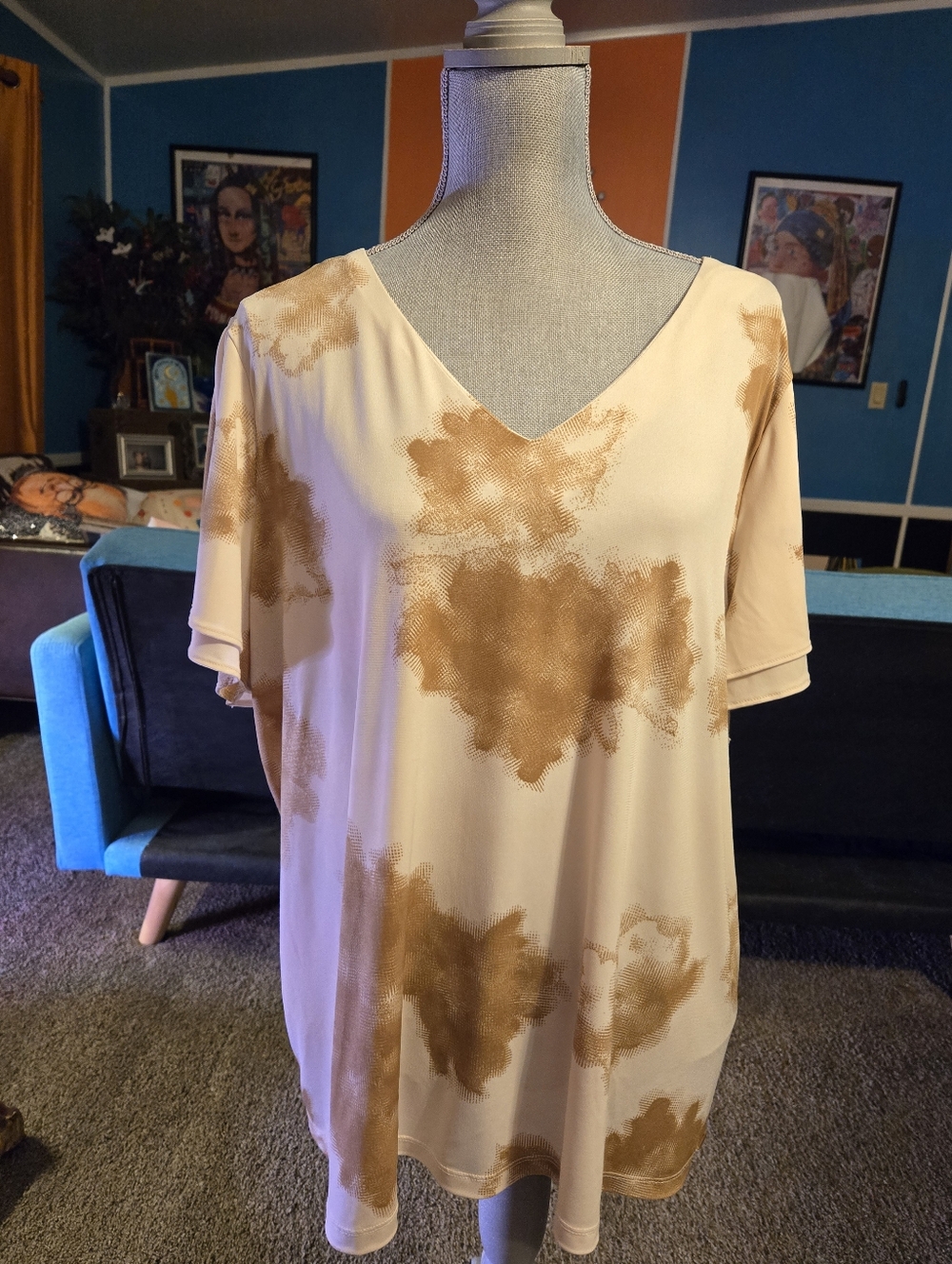Calvin Klein Top US Womens Plus Size 2x Splotch Pattern V Neck Flutter Sleeves.